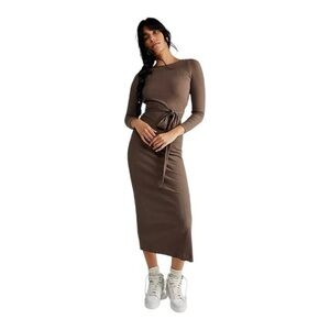 Free People Beach Brown Last Minute Ribbed Midi Dress Womens M